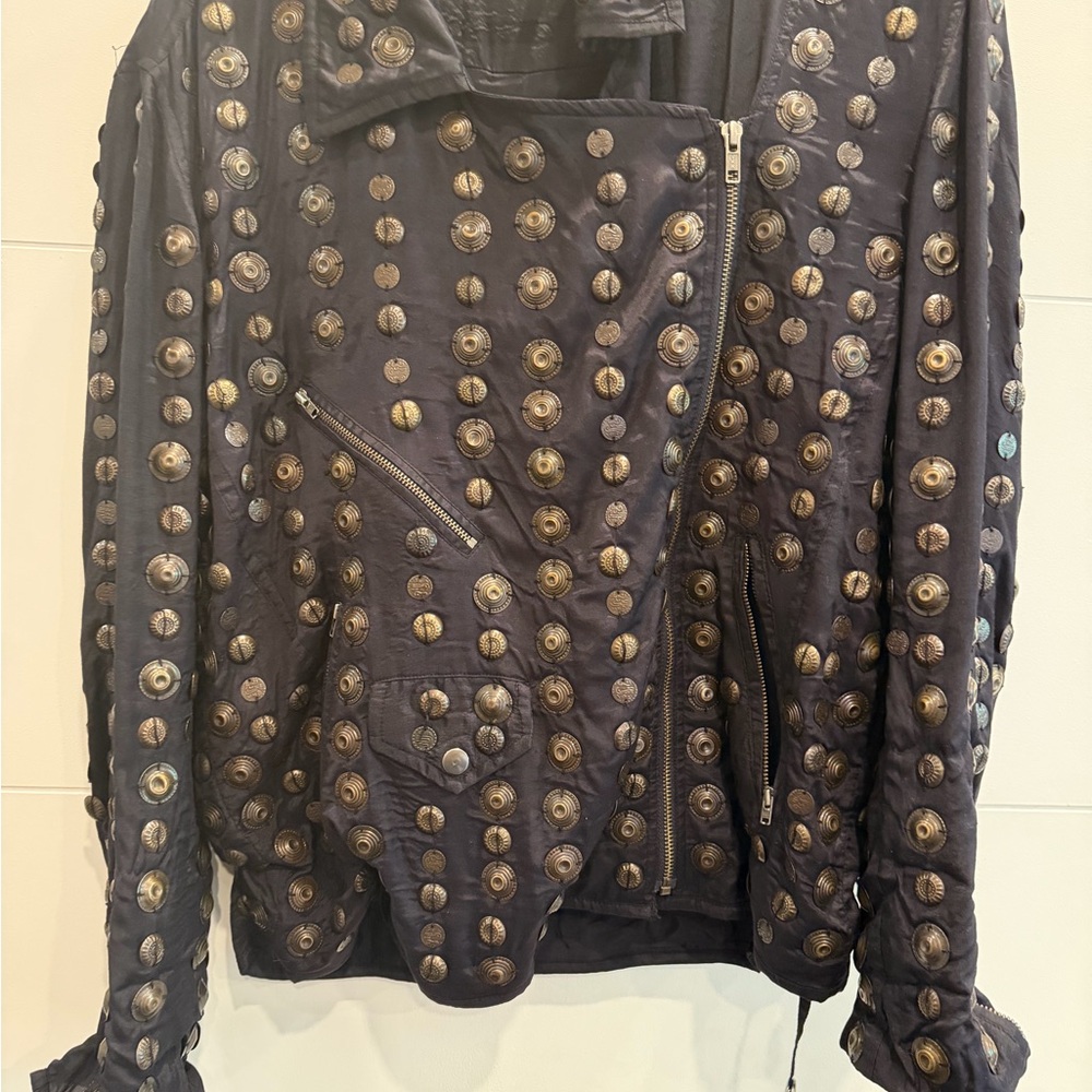 Free People Black Leather Jacket with Gold Studs